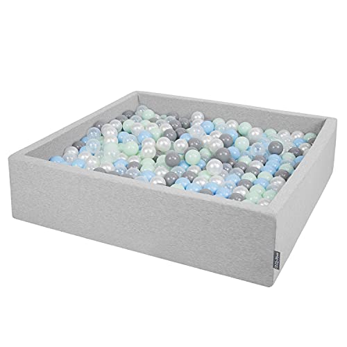 KiddyMoon Quadrat Bällebad Bällepool 120X30cm/200 Bälle ∅ 7Cm Eckig Ballgruben Für Babys Spielbad Kleinkinder, Hergestellt In Der EU, Hellgrau:Perle-Grau-Transparent-Babyblau-Mint von KiddyMoon