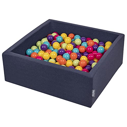 KiddyMoon Bällebad 90X30cm/200 Bälle ∅ 7Cm Bällepool Mit Bunten Bällen Für Babys Kinder Quadrat, Dunkelblau:H.Grün/Gelb/Türkis/Orange/D.Pink/Violet von KiddyMoon