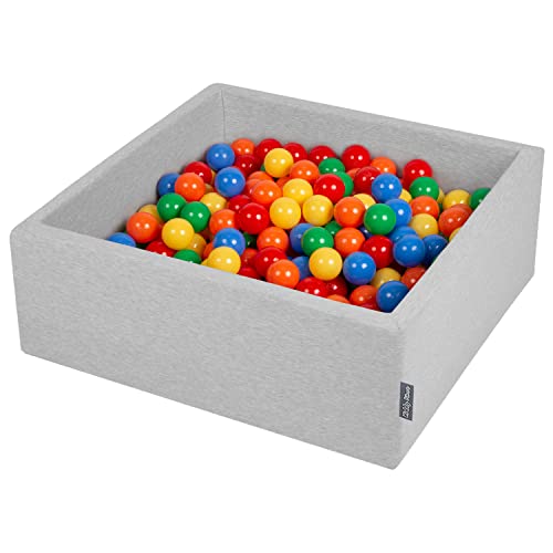 KiddyMoon Bällebad 90X30cm/200 Bälle ∅ 7Cm Bällepool Mit Bunten Bällen Für Babys Kinder Quadrat, Hellgrau:Gelb/Grün/Rot/Orange von KiddyMoon