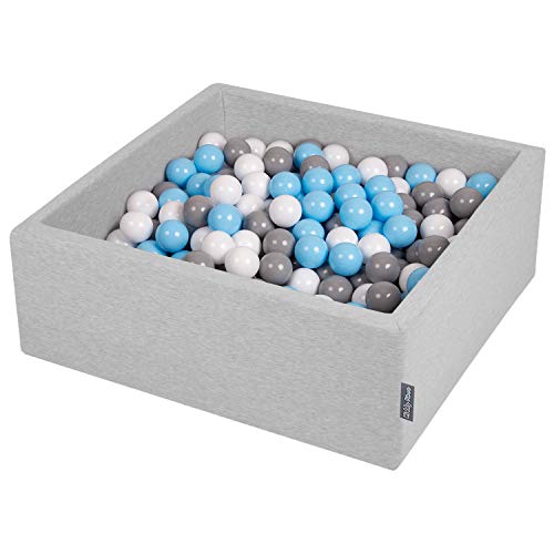 KiddyMoon Bällebad 90X30cm/200 Bälle ∅ 7Cm Bällepool Mit Bunten Bällen Für Babys Kinder Quadrat, Hellgrau:Grau/Weiß/Babyblau von KiddyMoon