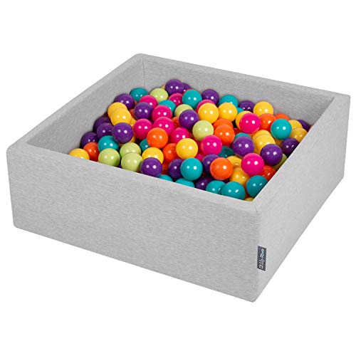 KiddyMoon Bällebad 90X30cm/200 Bälle ∅ 7Cm Bällepool Mit Bunten Bällen Für Babys Kinder Quadrat, Hellgrau:Hellgrün/Gelb/Türkis/Orange/D Rosa/Violet von KiddyMoon