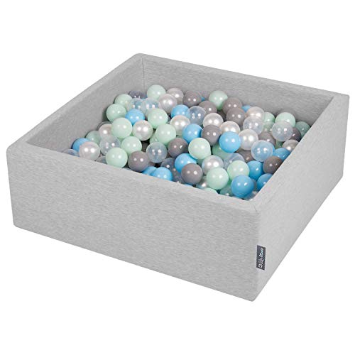 KiddyMoon Bällebad 90X30cm/200 Bälle ∅ 7Cm Bällepool Mit Bunten Bällen Für Babys Kinder Quadrat, Hellgrau:Perle/Grau/Transparent/Baby Blau/Mint von KiddyMoon