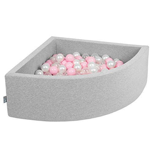 KiddyMoon Viertel Eckig Bällebad Bällepool 90X30cm/200 Bälle ∅ 7Cm Ballgruben Für Babys Spielbad Kleinkinder, Hergestellt In Der EU, Hellgrau:Rosa/Perle/Transparent von KiddyMoon