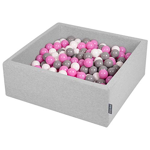 KiddyMoon Bällebad 90X30cm/300 Bälle ∅ 7Cm Bällepool Mit Bunten Bällen Für Babys Kinder Quadrat, Hellgrau:Grau/Weiß/Hellpink von KiddyMoon