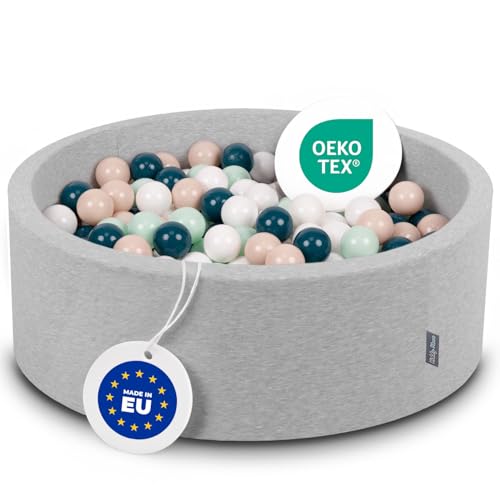 KiddyMoon Bällebad 90X30cm/300 Bälle ∅ 7Cm Bällepool Mit Bunten Bällen Für Babys Kinder Rund, Hellgrau:Dunkeltürkis/Pastellbeige/Weiß/Minze von KiddyMoon