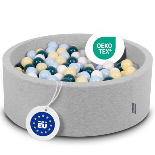 KiddyMoon Bällebad 90X30cm/300 Bälle ∅ 7Cm Bällepool Mit Bunten Bällen Für Babys Kinder Rund, Hellgrau:Dunkeltürkis/Pastellblau/Pastellgelb/Weiß von KiddyMoon