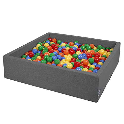 KiddyMoon Quadrat Bällebad Bällepool 120X30cm/200 Bälle ∅ 7Cm Eckig Ballgruben Für Babys Spielbad Kleinkinder, Hergestellt In Der EU, Dunkelgrau:Gelb-Grün-Blau-Rot-Orange von KiddyMoon