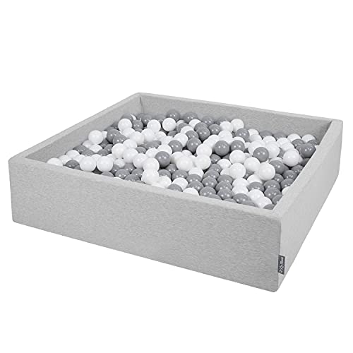 KiddyMoon Quadrat Bällebad Bällepool 120X30cm/300 Bälle ∅ 7Cm Eckig Ballgruben Für Babys Spielbad Kleinkinder, Hergestellt In Der EU, Hellgrau:Weiß-Grau von KiddyMoon