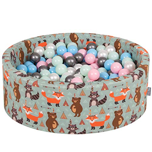 KiddyMoon Rund Bällebad Bällepool 90X30cm/200 Bälle ∅ 7Cm Ballgruben Mit Bunten Bällen Für Babys Spielbad Kleinkinder, Hergestellt In Der EU, Füchse-Grün:Perle/Rosa/Babyblau/Mint/Silbern von KiddyMoon