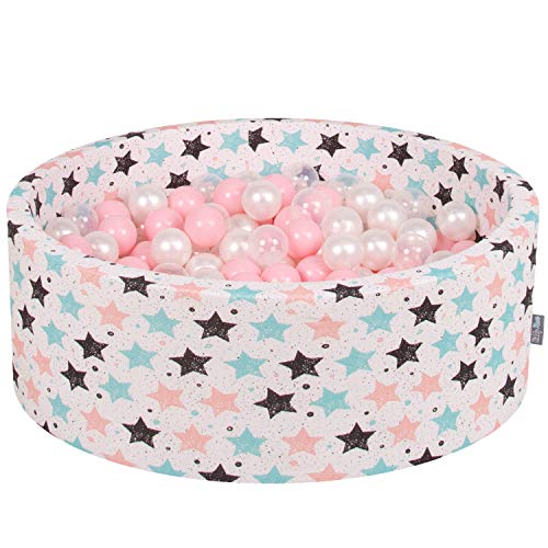 KiddyMoon Rund Bällebad Bällepool 90X30cm/200 Bälle ∅ 7Cm Sterne-Muster Ballgruben Für Babys Spielbad Kleinkinder, Hergestellt In Der EU, Ecru: Rose/Perle/Transparent von KiddyMoon