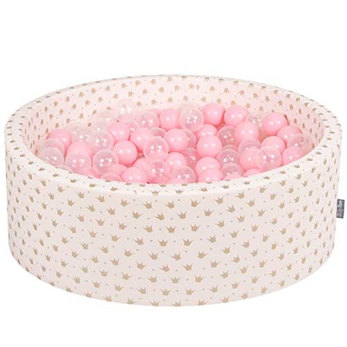 KiddyMoon Rund Bällebad Bällepool 90X30cm/300 Bälle ∅ 7Cm Kronen-Muster Ballgruben Für Babys Spielbad Kleinkinder, Hergestellt In Der EU, Golden-Ecru: Rose/Transparent von KiddyMoon