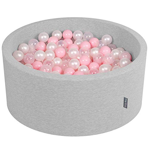 KiddyMoon Rund Bällebad Bällepool 90X40cm/300 Bälle ∅ 7Cm Ballgruben Mit Bunten Bällen Für Babys Spielbad Kleinkinder, Hergestellt In EU, Hellgrau:Rosa/Perle/Transparent von KiddyMoon