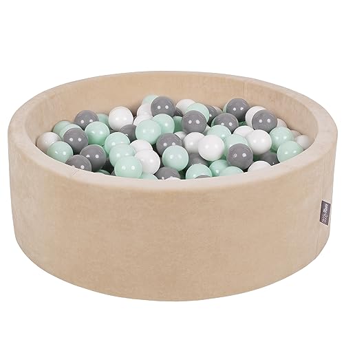 KiddyMoon Rund Bällebad Velvet Bällepool 90X30cm/200 Bälle ∅ 7Cm Ballgruben Für Babys Spielbad Kleinkinder, Hergestellt In EU, Sandbeige: Weiß/Grau/Mint von KiddyMoon