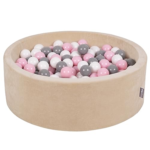 KiddyMoon Rund Bällebad Velvet Bällepool 90X30cm/300 Bälle ∅ 7Cm Ballgruben Für Babys Spielbad Kleinkinder, Hergestellt In EU, Sandbeige: Weiß/Grau/Puderrosa von KiddyMoon