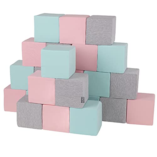 KiddyMoon Schaumstoff Würfel 14 cm Weiche Blöcke 24 Stücke Für Kinder Softbausteine UE, Blöcke: Hellgrau-Pink-Mint von KiddyMoon