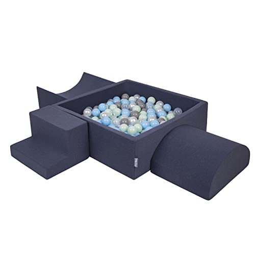 KiddyMoon Spielplatz Aus Schaumstoff Mit Quadrat Bällebad (200 Bälle) Ballgruben Für Babys Spielbad Hindernisläufen, Hergestellt In Der EU, Dunkelblau:Perle/Grau/Transparent/Babyblue/Minze von KiddyMoon