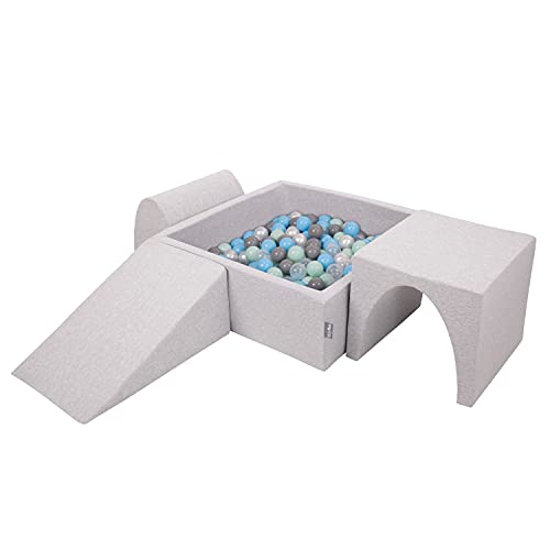 KiddyMoon Spielplatz Aus Schaumstoff Mit Quadrat Bällebad (200 Bälle) Ballgruben Für Babys Spielbad Hindernisläufen, Hergestellt In Der EU, Hellgrau:Perle/Grau/Transparent/Babyblue/Minze von KiddyMoon