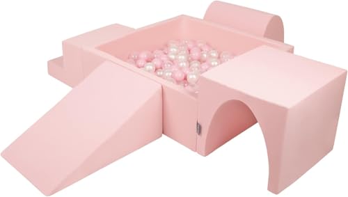 KiddyMoon Spielplatz Aus Schaumstoff Mit Quadrat Bällebad (200 Bälle) Ballgruben Für Babys Spielbad Hindernisläufen, Hergestellt In Der EU, Pink:Puderrosa/Perle/Transparent von KiddyMoon