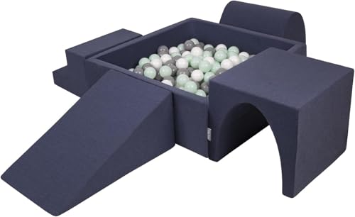 KiddyMoon Spielplatz Aus Schaumstoff Mit Quadrat Bällebad (300 Bälle) Ballgruben Für Babys Spielbad Hindernisläufen, Hergestellt In Der EU, Dunkelblau:Weiß/Grau/Minze von KiddyMoon