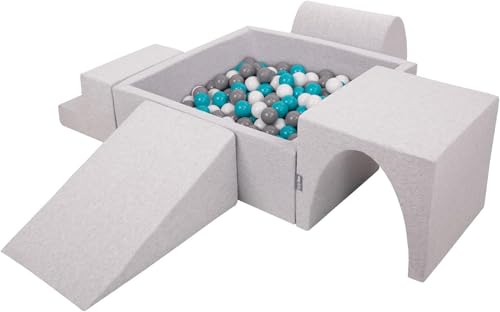 KiddyMoon Spielplatz Aus Schaumstoff Mit Quadrat Bällebad (300 Bälle) Ballgruben Für Babys Spielbad Hindernisläufen, Hergestellt In Der EU, Hellgrau:Grau/Weiß/Türkis von KiddyMoon