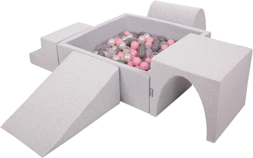 KiddyMoon Spielplatz Aus Schaumstoff Mit Quadrat Bällebad (300 Bälle) Ballgruben Für Babys Spielbad Hindernisläufen, Hergestellt In Der EU, Hellgrau:Perle/Grau/Transparent/Puderrosa von KiddyMoon