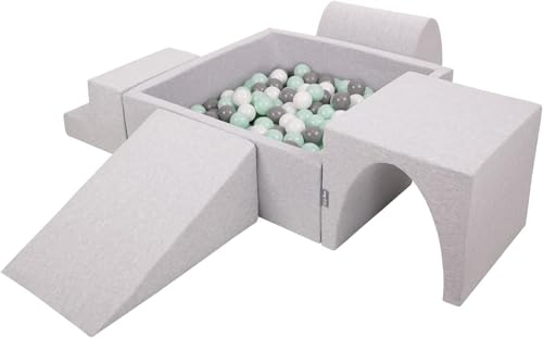 KiddyMoon Spielplatz Aus Schaumstoff Mit Quadrat Bällebad (300 Bälle) Ballgruben Für Babys Spielbad Hindernisläufen, Hergestellt In Der EU, Hellgrau:Weiß/Grau/Minze von KiddyMoon