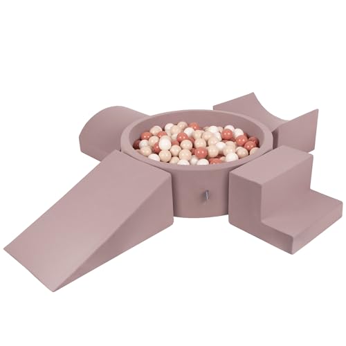 KiddyMoon Schaumstoff-Spielplatz für Kinder mit rundem Bällebad (200 Bälle ∅ 7 cm), weiche Hindernisse, Kurs und Bällebad, Heidekraut: Pastellbeige, Lachsweiß von KiddyMoon