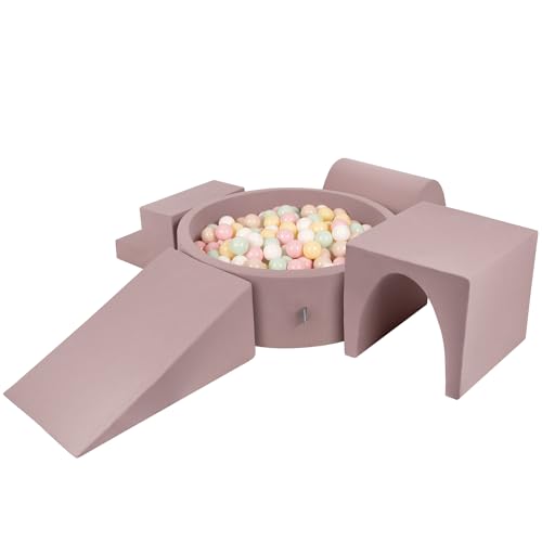 KiddyMoon Spielplatz Aus Schaumstoff Mit Rund Bällebad (200 Bälle) Ballgruben Für Babys Spielbad Hindernisläufen, Erikafarben:Pastellbeige/Pastellgelb/Weiß/Minze/Puderrosa von KiddyMoon