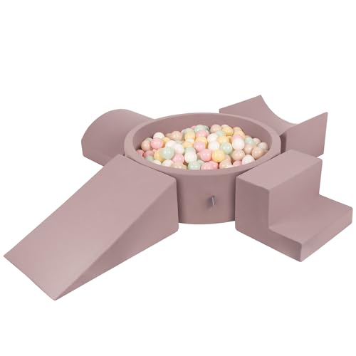 KiddyMoon Spielplatz Aus Schaumstoff Mit Rund Bällebad (200 Bälle) Ballgruben Für Babys Spielbad Hindernisläufen, Erikafarben:Pastellbeige/Pastellgelb/Weiß/Minze/Puderrosa von KiddyMoon