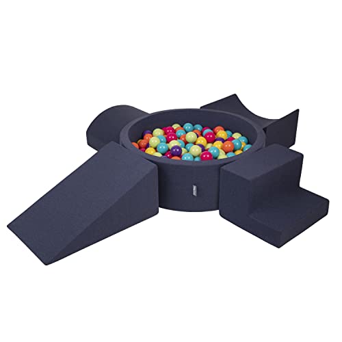 KiddyMoon Spielplatz Aus Schaumstoff Mit Rund Bällebad (200 Bälle) Ballgruben Für Babys Spielbad Hindernisläufen, Hergestellt In Der EU, Dunkelblau:Helgrün/Gelb/Türkis/Orange/Dpink/Violett von KiddyMoon