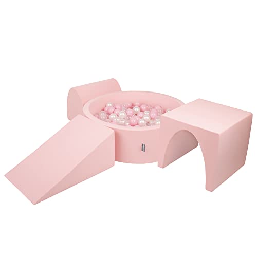 KiddyMoon Spielplatz Aus Schaumstoff Mit Rund Bällebad (200 Bälle) Ballgruben Für Babys Spielbad Hindernisläufen, Hergestellt In Der EU, Pink:Puderrosa/Perle/Transparent von KiddyMoon