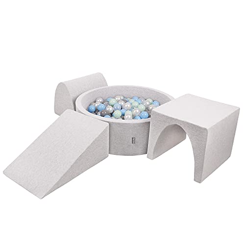 KiddyMoon Spielplatz Aus Schaumstoff Mit Rund Bällebad (300 Bälle) Ballgruben Für Babys Spielbad Hindernisläufen, Hergestellt In Der EU, Hellgrau:Perle/Grau/Transparent/Babyblue/Minze von KiddyMoon
