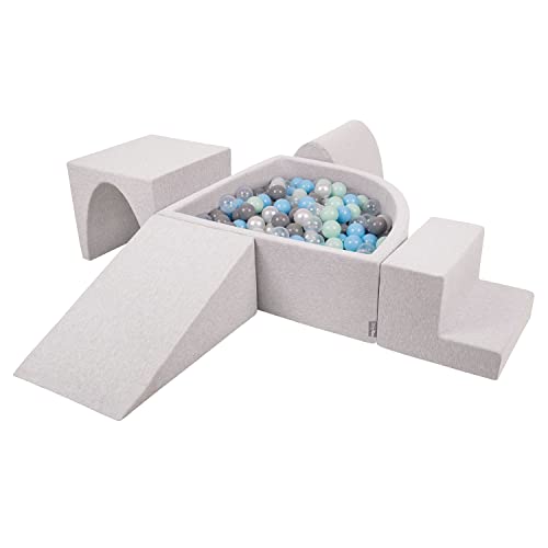 KiddyMoon Spielplatz Aus Schaumstoff Mit Viertel Eckig Bällebad (300 Bälle) Hindernisläufe, Hellgrau:Perle/Grau/Transparent/Babyblue/Minze von KiddyMoon