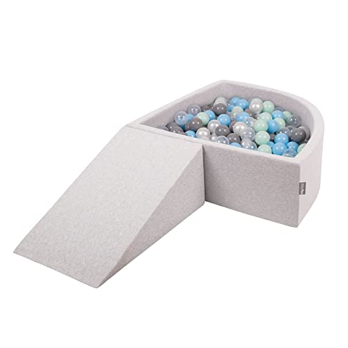 KiddyMoon Spielplatz Schaumstoff Mit Viertel Eckig Bällebad (100 Bälle) Hindernisläufe, Hellgrau:Perle/Grau/Transparent/Babyblue/Minze von KiddyMoon