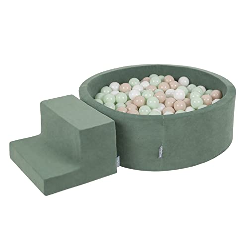KiddyMoon Spielplatz Velvet Aus Schaumstoff Mit Rund Bällebad (100 Bälle) + Stüfchen Ballgruben Für Babys Spielbad, Hergestellt In EU, Pastellbeige/Weiß/Minze von KiddyMoon