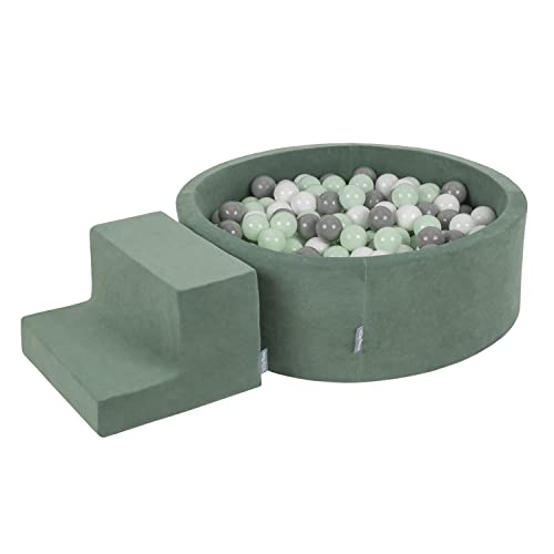 KiddyMoon Spielplatz Velvet Aus Schaumstoff Mit Rund Bällebad (100 Bälle) + Stüfchen Ballgruben Für Babys Spielbad, Hergestellt In EU, Waldgrün: Weiß/Grau/Minze von KiddyMoon