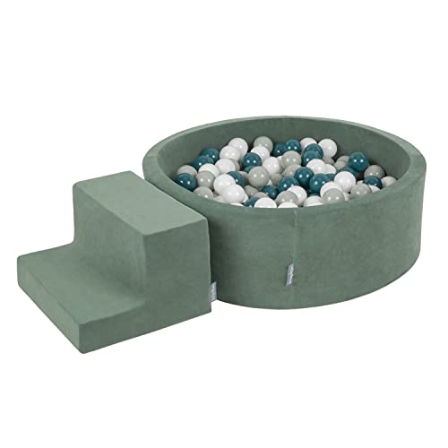 KiddyMoon Spielplatz Velvet Aus Schaumstoff Mit Rund Bällebad (200 Bälle) + Stüfchen Ballgruben Für Babys Spielbad, Hergestellt In EU, Dunkeltürkis/Grüngrau/Weiß von KiddyMoon