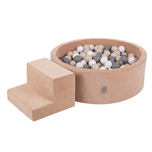 KiddyMoon Spielplatz Velvet Aus Schaumstoff Mit Rund Bällebad (200 Bälle) + Stüfchen Ballgruben Für Babys Spielbad, Hergestellt In EU, Wüstenrosa: Pastellbeige/Grau/Weiß von KiddyMoon