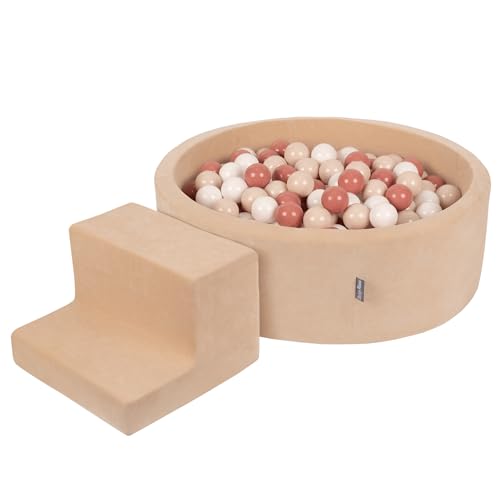 KiddyMoon Spielplatz Velvet Aus Schaumstoff Mit Rund Bällebad (200 Bälle) + Stüfchen Ballgruben Für Babys Spielbad, Sandbeige:Pastellbeige/Lachsfarben/Weiß von KiddyMoon