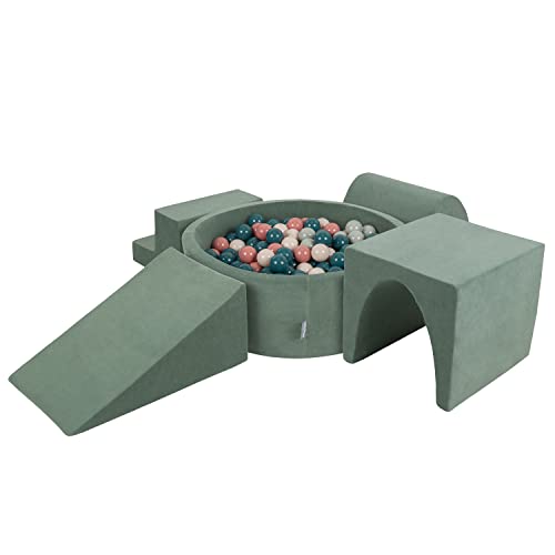 KiddyMoon Spielplatz Velvet Aus Schaumstoff Mit Rund Bällebad (200 Bälle) Ballgruben Für Babys Spielbad, Hergestellt In EU, Waldgrün: Dunkeltürkis/Pastellbeige/Grüngrau/Lachsfarben von KiddyMoon