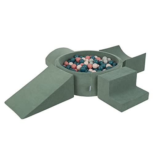 KiddyMoon Spielplatz Velvet Aus Schaumstoff Mit Samt Rund Bällebad (200 Bälle) + Version 5 Ballgruben Für Babys Spielbad, Hergestellt In EU, Waldgrün: Dunkeltürkis/Pastellbeige/Grüngrau/Lachsfarben von KiddyMoon