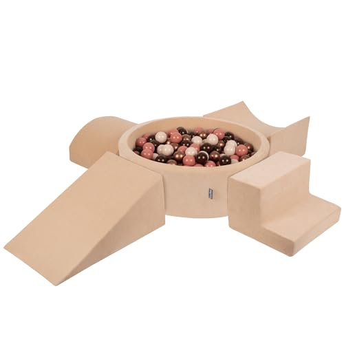 KiddyMoon Spielplatz Velvet Aus Schaumstoff Mit Samt Rund Bällebad (200 Bälle) + Version 5 Ballgruben Für Babys Spielbad, Sandbeige:Braun/Kupferrot/Pastellbeige/Lachsfarben von KiddyMoon