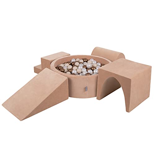 KiddyMoon Spielplatz Velvet Aus Schaumstoff Mit Samt Rund Bällebad (200 Bälle) Ballgruben Für Babys Spielbad Hindernisläufen, Hergestellt In Der EU, Wüstenrosa: Pastellbeige/Kupferrot/Perle von KiddyMoon