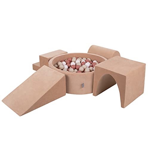 KiddyMoon Spielplatz Velvet Aus Schaumstoff Mit Samt Rund Bällebad (200 Bälle) Ballgruben Für Babys Spielbad Hindernisläufen, Hergestellt In Der EU, Wüstenrosa: Pastellbeige/Lachsfarben/Weiß von KiddyMoon