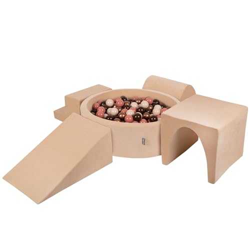 KiddyMoon Spielplatz Velvet Aus Schaumstoff Mit Samt Rund Bällebad (200 Bälle) Ballgruben Für Babys Spielbad Hindernisläufen, Sandbeige:Braun/Kupferrot/Pastellbeige/Lachsfarben von KiddyMoon
