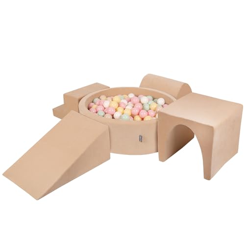 KiddyMoon Spielplatz Velvet Aus Schaumstoff Mit Samt Rund Bällebad (200 Bälle) Ballgruben Für Babys Spielbad Hindernisläufen, Sandbeige:Pastellbeige/Pastellgelb/Weiß/Minze/Puderrosa von KiddyMoon