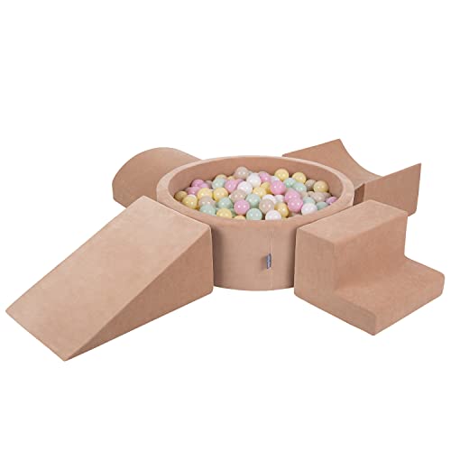 KiddyMoon Spielplatz Velvet Aus Schaumstoff Mit Samt Rund Bällebad (300 Bälle) + Version 5 Ballgruben Für Babys Spielbad, Hergestellt In EU, Wüstenrosa: Pastellbeige/Pastellgelb/Weiß/Minze/Puderrosa von KiddyMoon