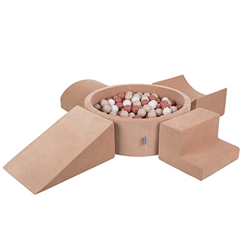 KiddyMoon Spielplatz Velvet Aus Schaumstoff Mit Samt Rund Bällebad (300 Bälle) + Version 5 Ballgruben Für Babys Spielbad, Hergestellt In EU, Wüstenrosa: Pastellbeige/Lachsfarben/Weiß von KiddyMoon