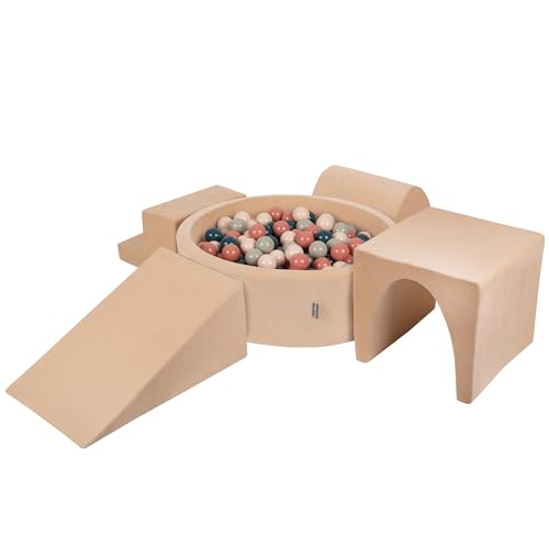 KiddyMoon Spielplatz Velvet Aus Schaumstoff Mit Samt Rund Bällebad (300 Bälle) Ballgruben Für Babys Spielbad Hindernisläufen, Sandbeige:Dunkeltürkis/Pastellbeige/Grüngrau/Lachsfarben von KiddyMoon