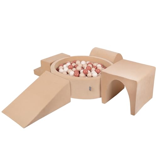 KiddyMoon Spielplatz Velvet Aus Schaumstoff Mit Samt Rund Bällebad (300 Bälle) Ballgruben Für Babys Spielbad Hindernisläufen, Sandbeige:Pastellbeige/Lachsfarben/Weiß von KiddyMoon